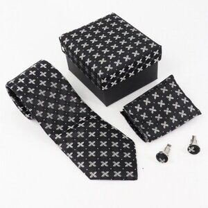 NEW 3-Pc Boxed Gift Tie Set Coordinated Print Cuff Links Pocket Square
